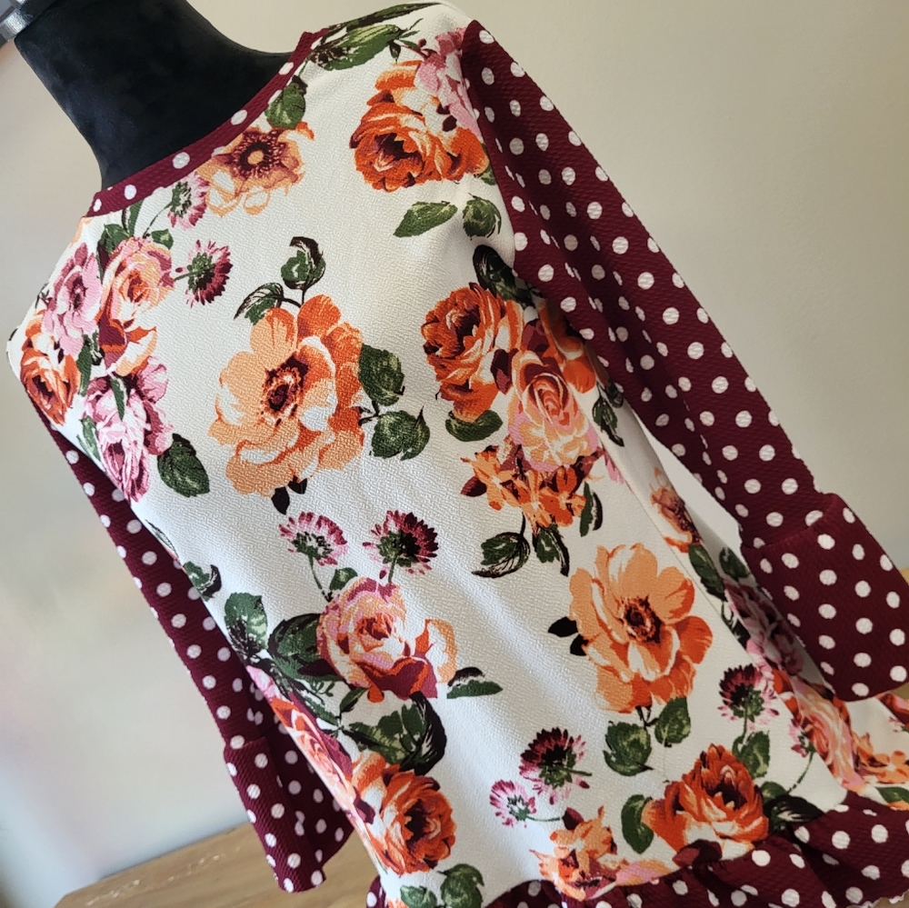 Floral Polka Dot Raglan Top - Burgundy and Cream